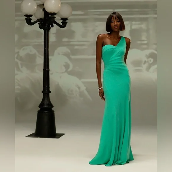 NWT Tadashi Shoji Geraldine one shoulder maxi dress Jasmine green gown - Picture 2 of 11